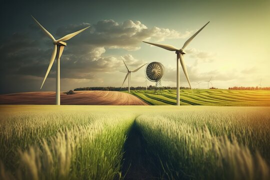 Renewable energy at work wind turbines amid a lush wheat field. Generative AI