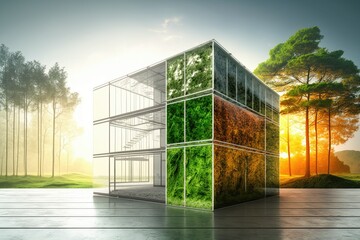 Sustainability in urban construction nowadays. Heat and carbon dioxide emissions can be reduced by both the glass structure's insulation and the surrounding forest. Environment friendly workplace desi - obrazy, fototapety, plakaty