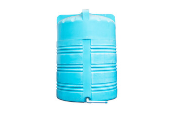 Blue plastic water tank blue storage system isolated on cutout PNG. At the park behind a large...