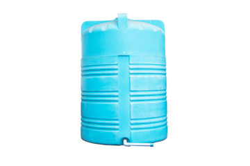Blue plastic water tank blue storage system isolated on cutout PNG. At the park behind a large swimming pool to store water old and unusable.