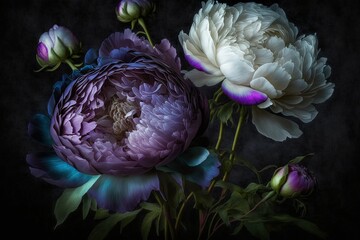 Downcast blossoms. Purple peony roses against a dark backdrop. Dispersion and focus shifts. Subdued photograph Magnificent Blossom Close up. Make room for a copy. Generative AI