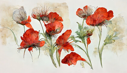Watercolor red poppies, Wildflower set isolated on white, Hand painting illustration. Generative Ai