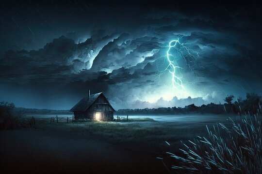 Stormy night in the countryside, with a spectacular image of lightning striking the sky above a grassy field not far from a tiny settlement. Generative AI