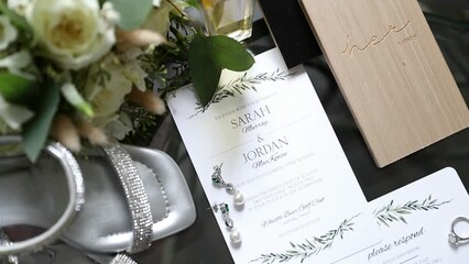 Close Up Of Wedding Bouquet and Invitation.