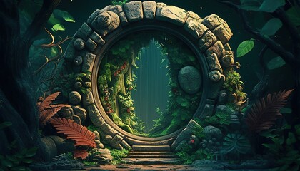Enchanting portal hidden in lush tropical forest, beckoning to adventure