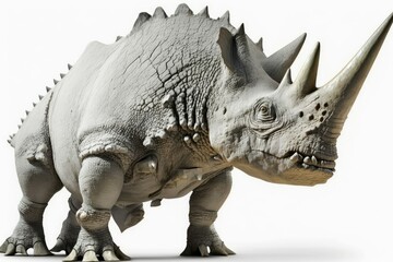 On a white background, a triceratops dinosaur. Generative AI