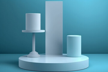 Blank Product Display On Blue Studio Background With Pedestal Or Podium. Empty Showcase Stand Backdrops. 3D Illustration Rendering