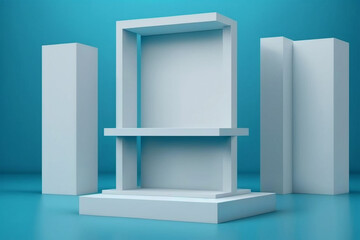 Blank Product Display On Blue Studio Background With Pedestal Or Podium. Empty Showcase Stand Backdrops. 3D Illustration Rendering