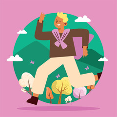 blond man running in forest