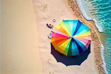 Fototapeta colorful umbrella sitting on top of a sandy beach. generative ai. obraz