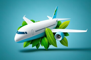Biofuel for airplanes that won't hurt the environment. A miniature airplane in white, with a sprinkling of fresh green leaves against a blue sky. Biofuels for airplanes, renewable power sources, etc
