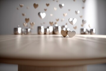 Light brown wooden table with a small heart