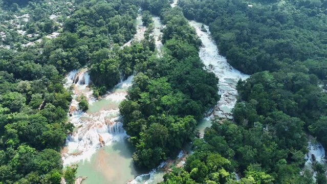 Aerial view of the waterfalls Agua Azul, Chiapas (Mexico).