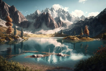 Wallpaper of a beautiful mountain and lake landscape. Generative ai