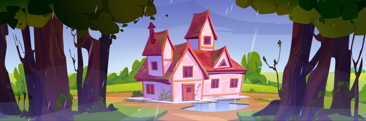 Summer landscape with rainy forest and village house. Nature scene with countryside cottage, garden with puddle, trees and bushes with green foliage under raindrops, vector cartoon illustration