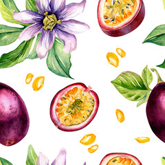 Purple passion fruit and splash juice watercolor seamless pattern isolated on white. Piece of maracuja, passion flower hand drawn. Design for packaging, menu, recipe, smoothies, ice-cream, textile.