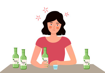 Woman drinking soju Korean alcohol drink in flat design on white background.