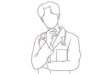 A young male doctor thinking deeply in a hand drawn vector illustration