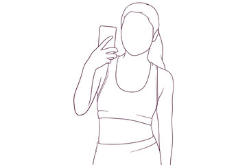 Young fitness girl holding a smartphone, posing and taking a photo. Hand drawn vector illustration