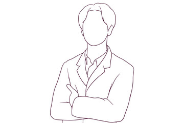 A serious young male doctor standing with crossed arms in a hand drawn vector illustration