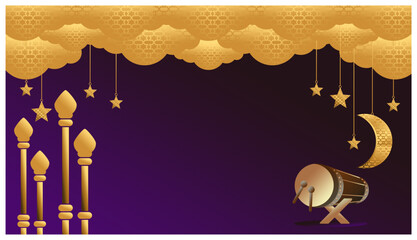 ramadan kareem golden mosque golden bedug golden stars golden moon golden clouds background. vector illustration