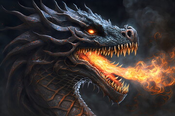 close up of black dragon head clouds breathing fire made with generative ai