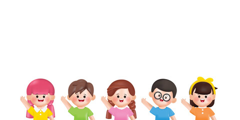 3D animation cartoon kid Back to school. children boy and girl hands up character. Vector illustration in 3d rendering style.