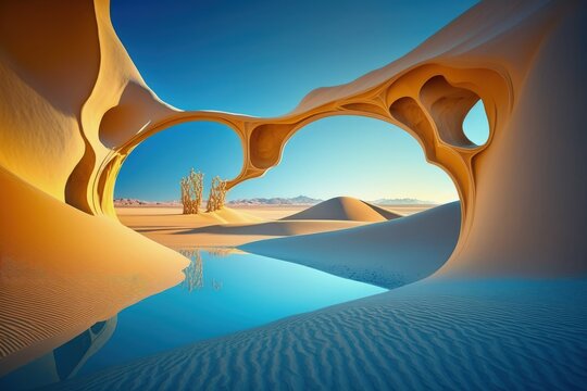 Fantastic background with an abstract design. Under a brilliant blue sky, a desert landscape of sand, water, and reflective arches. Generative AI