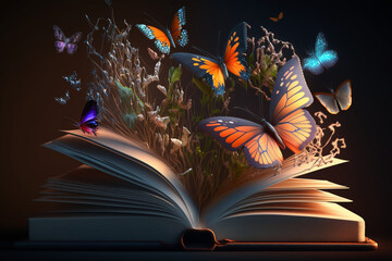 Open magic book with growing lights, magic powder, butterflies, generative ai.