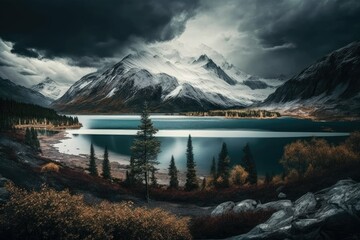 Desolate mountain lake in the autumn, with large snow capped mountains in the background and a gray, cloudy sky. Overcast weather, a snowy mountain range, and an alpine lake create a moody, foreboding