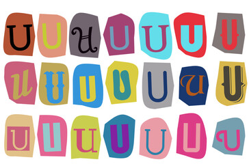 Alphabet U - vector cut newspaper and magazine letters, paper style ransom note letter