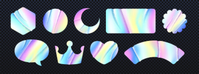 Holographic iridescent texture sticker or label, pearlescent rainbow or unicorn blur badge with soft pastel colors, vector stamp with gradient ombre neon effect, heart, round shape price or sale tag