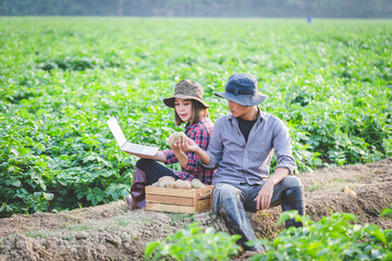 Farming couple smart farmers with a laptop working in potatoes farm.