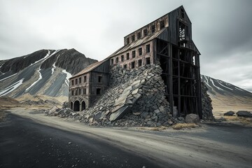 View of the stone coal mine in Barentsburg, a Russian village on Spitsbergen. Generative AI