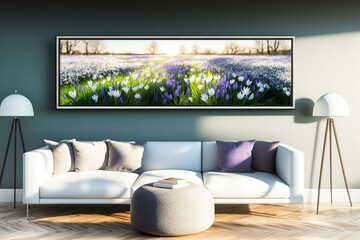 Spring knot flowers (Leucojum vernum), snowdrops (Galanthus nivalis), and crocus (Crocus sieberi) flowering in the morning sun create a breathtaking scene in this panoramic view of a meadow in bloom