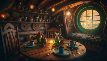 Fototapeta na wymiar Interior of a wooden cottage from a hobbit, with food on the table. Generative Ai.
