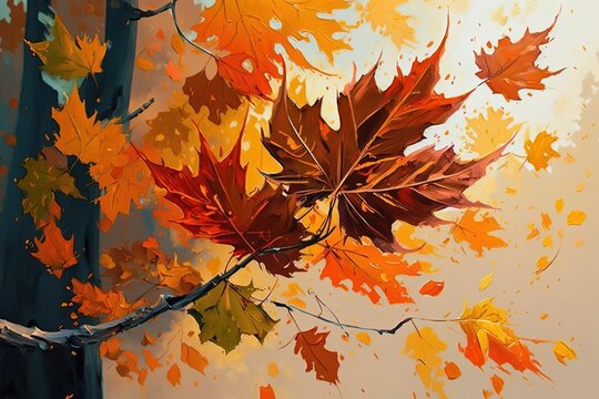 Falling Maple Leaves Oil Painting. Generative AI