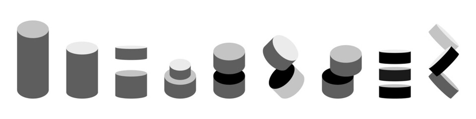 Cylinders and semicircular figures set for design. Modern abstract geometric shapes vector isolated on white background.