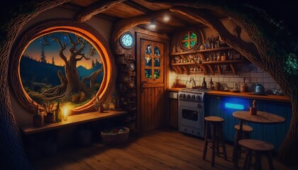 3D illustration of a Hobbit house interior, inside fantasy wooden hut in forest. Generative Ai.