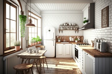 space retro kitchen with a wooden top. Generative AI