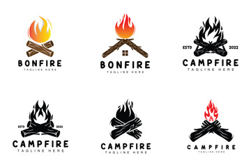 Campfire Logo Design, Camping Vector, Wood Fire And Forest Design