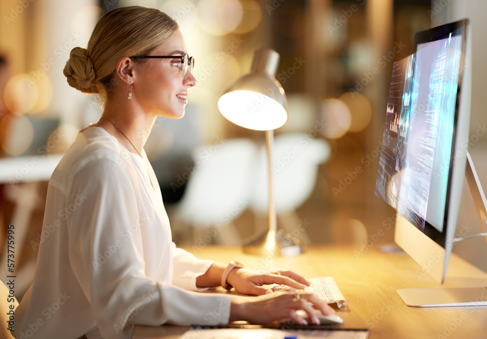Poster Digital, cyber and woman on a computer with a hologram for web design, software and programming. 3d website, database and employee working on holographic coding as a programmer on a pc at work