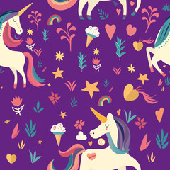 Ilustración vectorial, patrón de repetición con unicornios de fantasía y elementos decorativos para diseño, impresión, fondo, adorno, papel tapiz