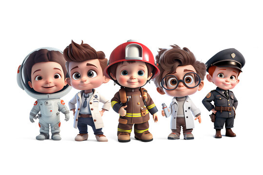Cute cartoon kids wearing as a various profession costumes, isolated on white background. Generative art	