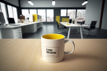 Yellow coffee cup on empty white wooden table