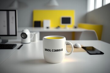 Plakat Yellow coffee cup on empty white wooden table