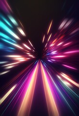 An abstract futuristic background, zoom effect, neon lights blurred in motion. Generative art