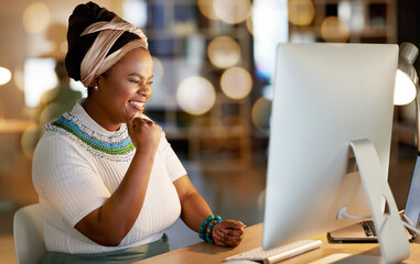 Night, business and black woman with fist, celebration and computer in office, achievement and promotion. African American female leader, ceo or manager with gesture for joy, success or profit growth - obrazy, fototapety, plakaty