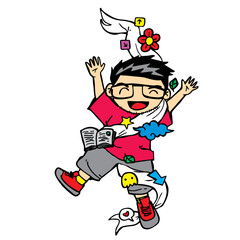 illustration of a boy who is happy and is smiling happily