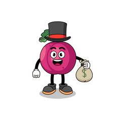 plum fruit mascot illustration rich man holding a money sack